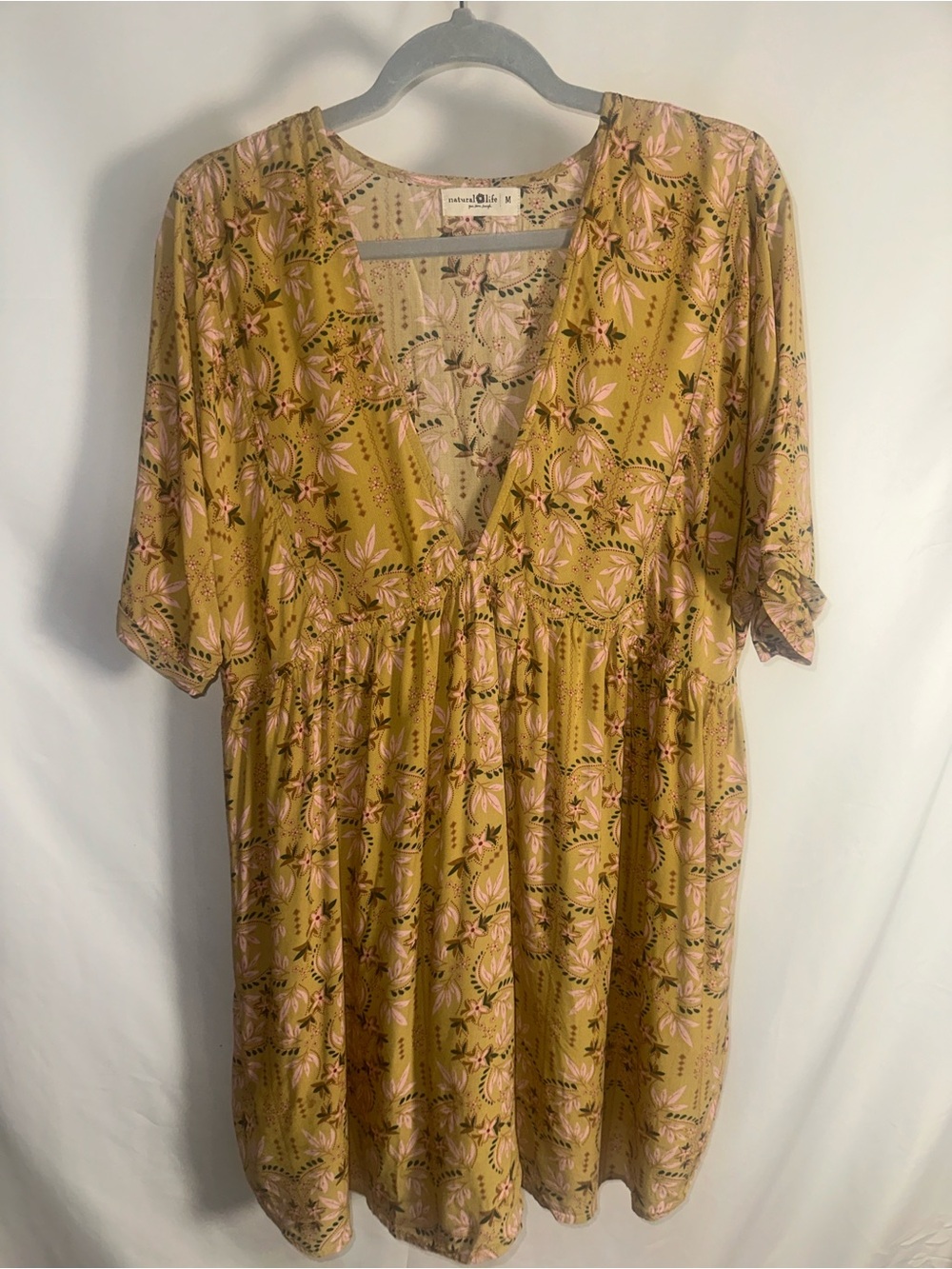 Natural life Floral V-Neck Empire Waist Dress - Mustard Pink